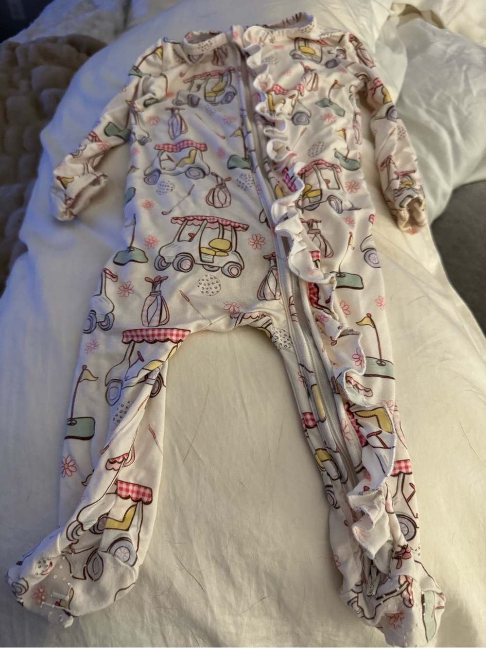 Caden Lane Cream Footie with Pastel Vehicle Print and Ruffle Zip